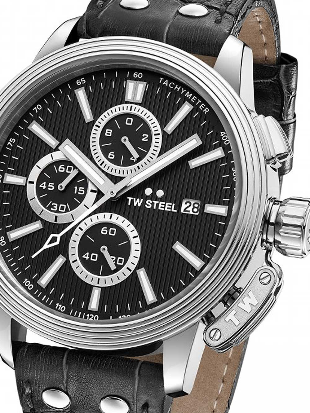 Мужские наручные часы с черным кожаным ремешком TW Steel CE7002 Adesso Chronograph 48mm 10 ATM