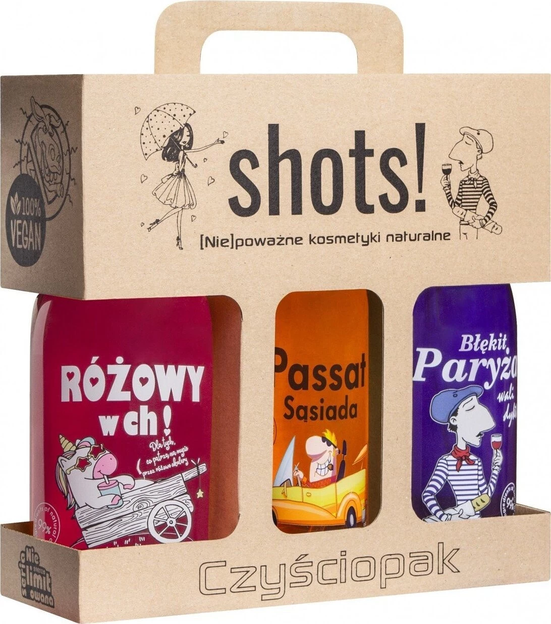LAQ_SET Shots! Czyściopak żel pod prysznic Unisex Różowy w ch! 500ml + Passat Sąsiada 500ml + Błękit Paryża 500ml