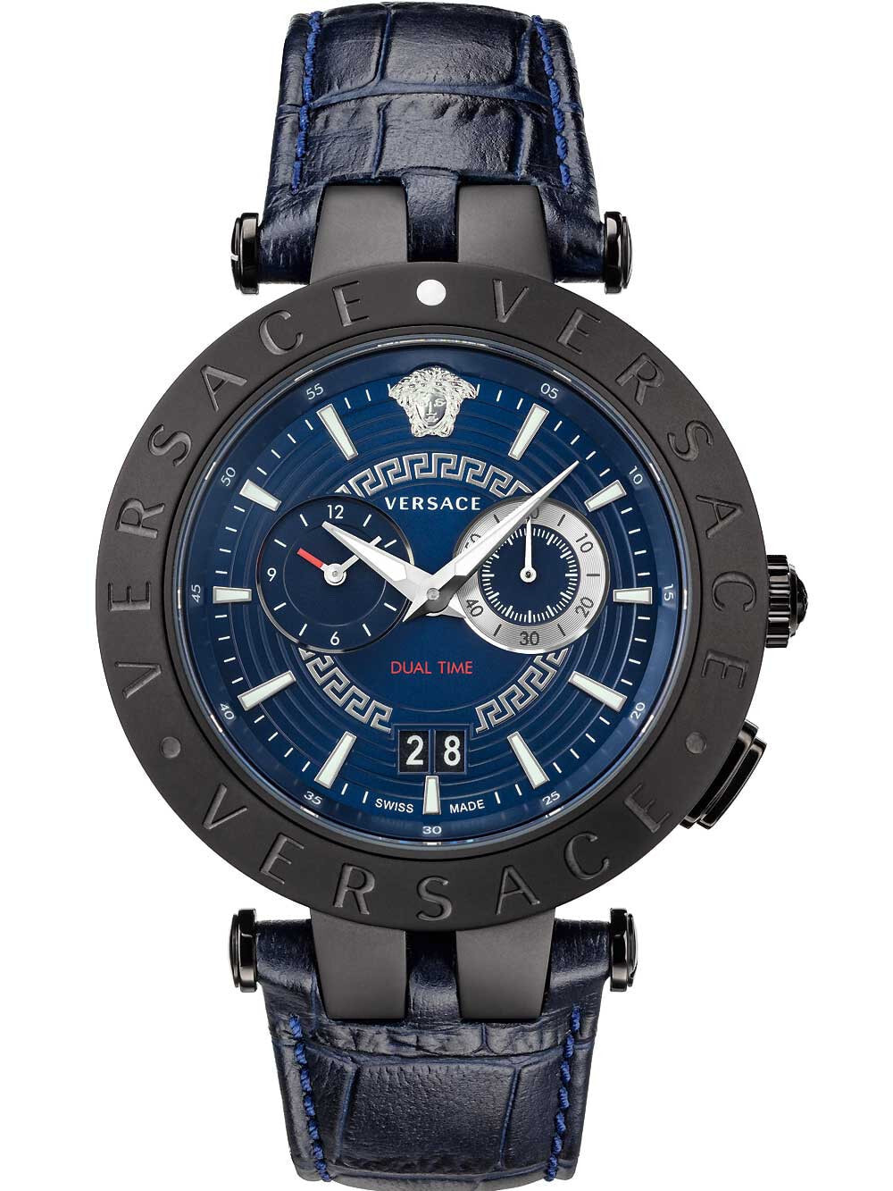 Мужские наручные часы с синим кожаным ремешком Versace VEBV00419 New V-Race dual-time 46mm 5ATM