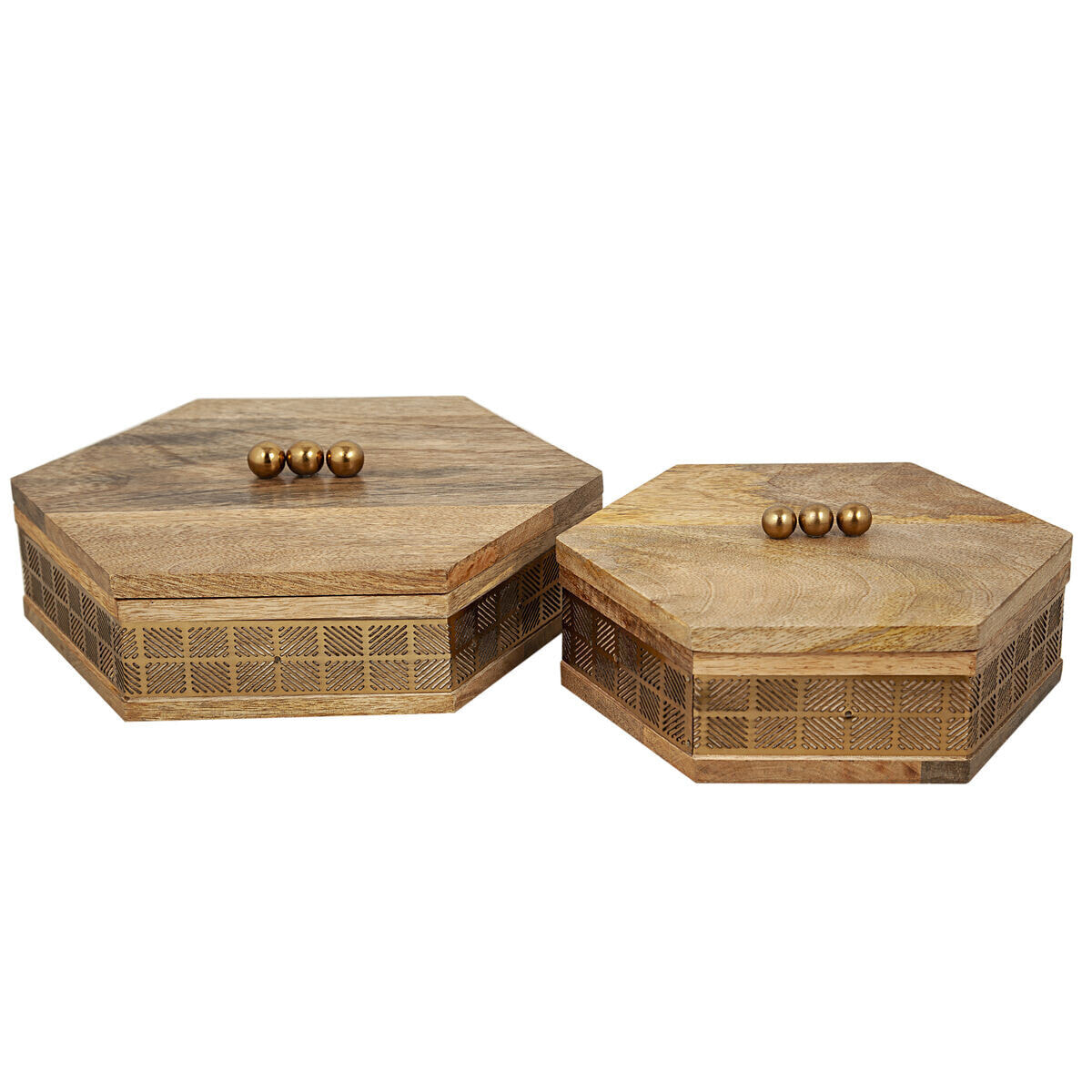 Set of decorative boxes Romimex Brown Golden Wood Metal 26 x 29 x 9 cm 20 x 23 x 9 cm 2 Pieces