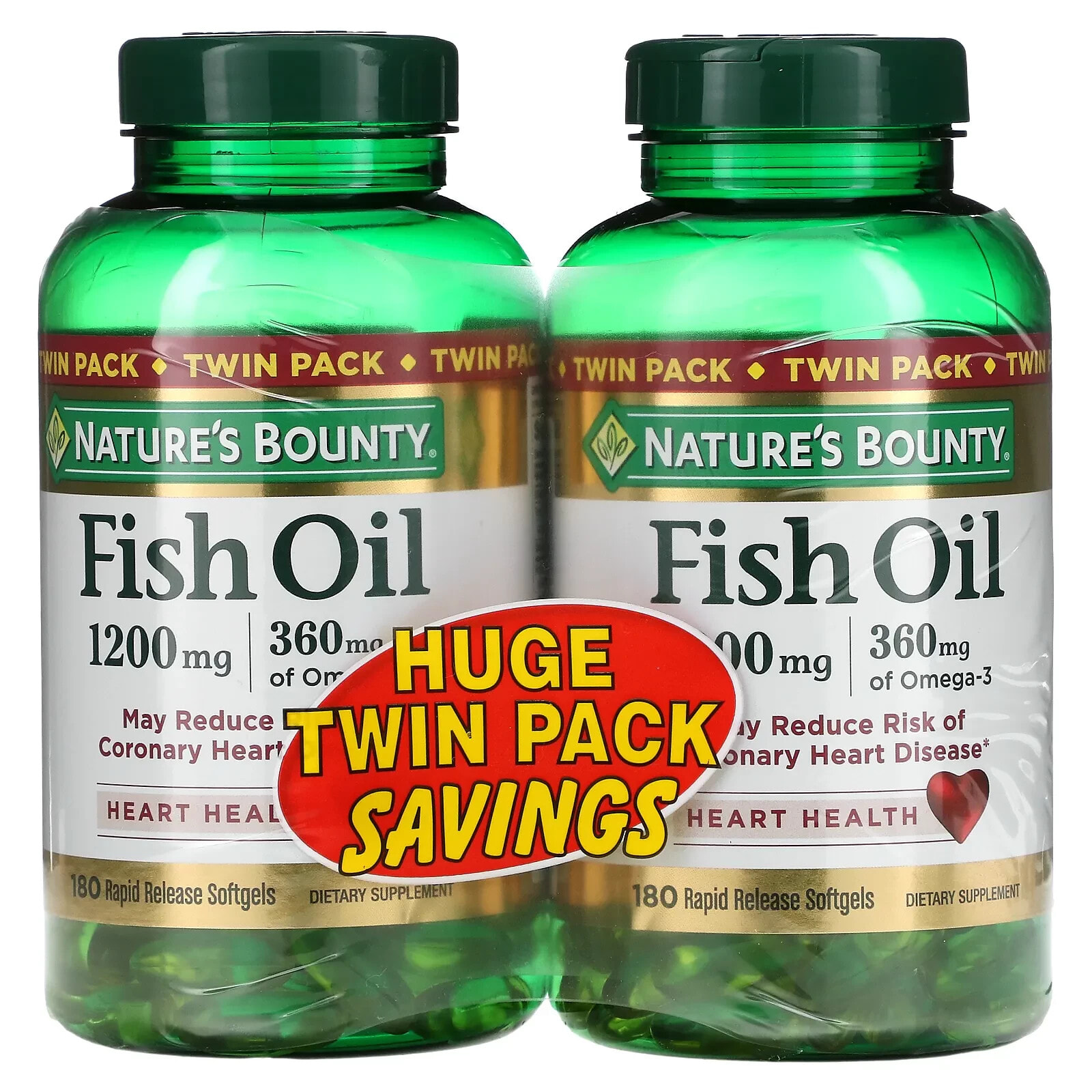 Fish Oil, Twin Pack, 1,200 mg, 180 Rapid Release Softgels Each