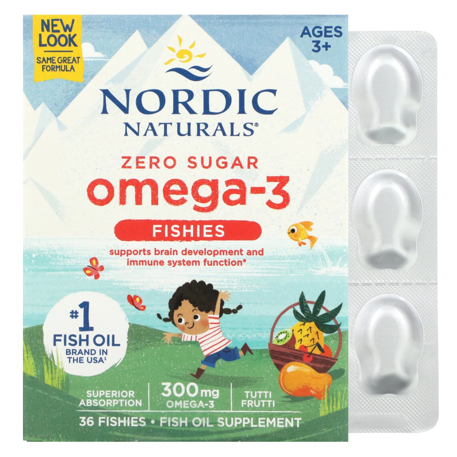 Нордик Натуралс, Nordic Omega-3 Fishies, рыбки с омега-3, для детей от 2 лет, вкус тутти-фрутти, 300 мг, 36 рыбок
