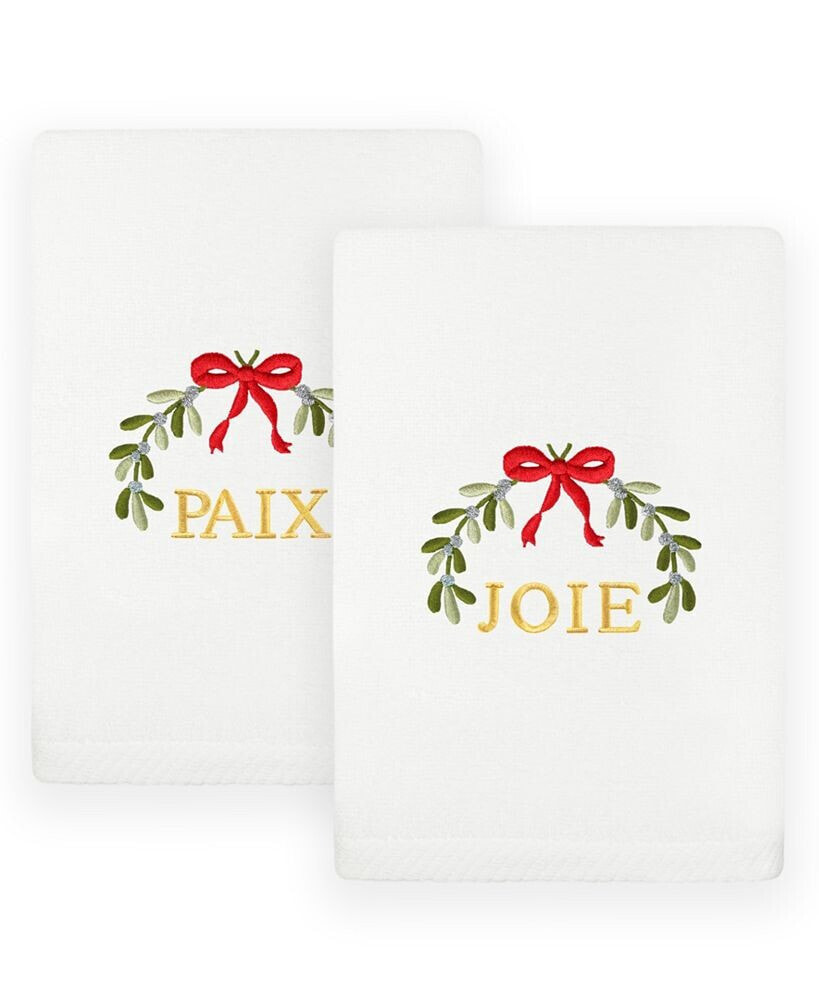 Linum Home christmas Mistletoe Paix Joie Embroidered Luxury 100% Turkish Cotton Hand Towels, 2 Piece Set