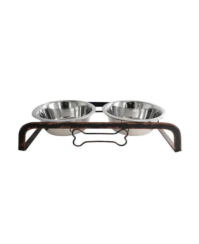 JoJo Modern Pets rustic Elevated Dog Bone Feeder with 2 Stainless Steel Bowls, 1qt