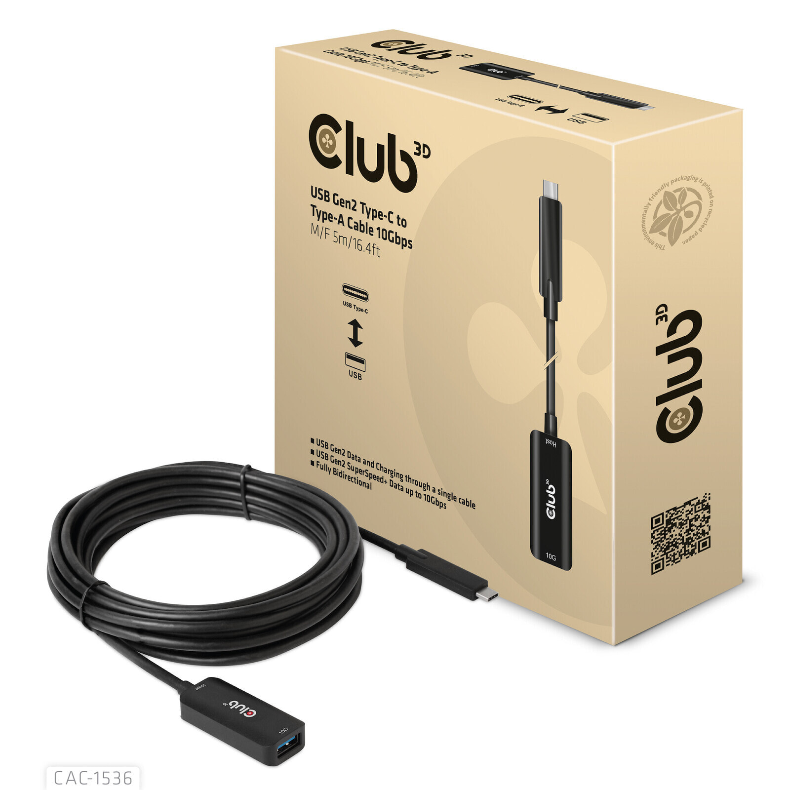 CLUB3D CAC-1536 USB кабель 5 m USB 3.2 Gen 2 (3.1 Gen 2) USB C USB A Черный