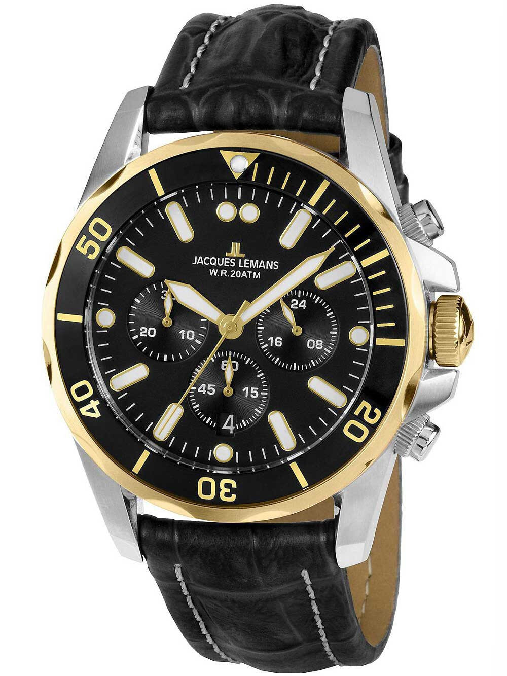 Мужские наручные часы с черным кожаным ремешком Jacques Lemans 1-2091D Liverpool chrono 43mm 20ATM