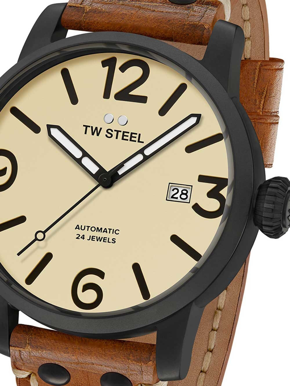 Мужские наручные часы с коричневым кожаным ремешком TW Steel MS46 Maverick Automatic 48mm 10 ATM