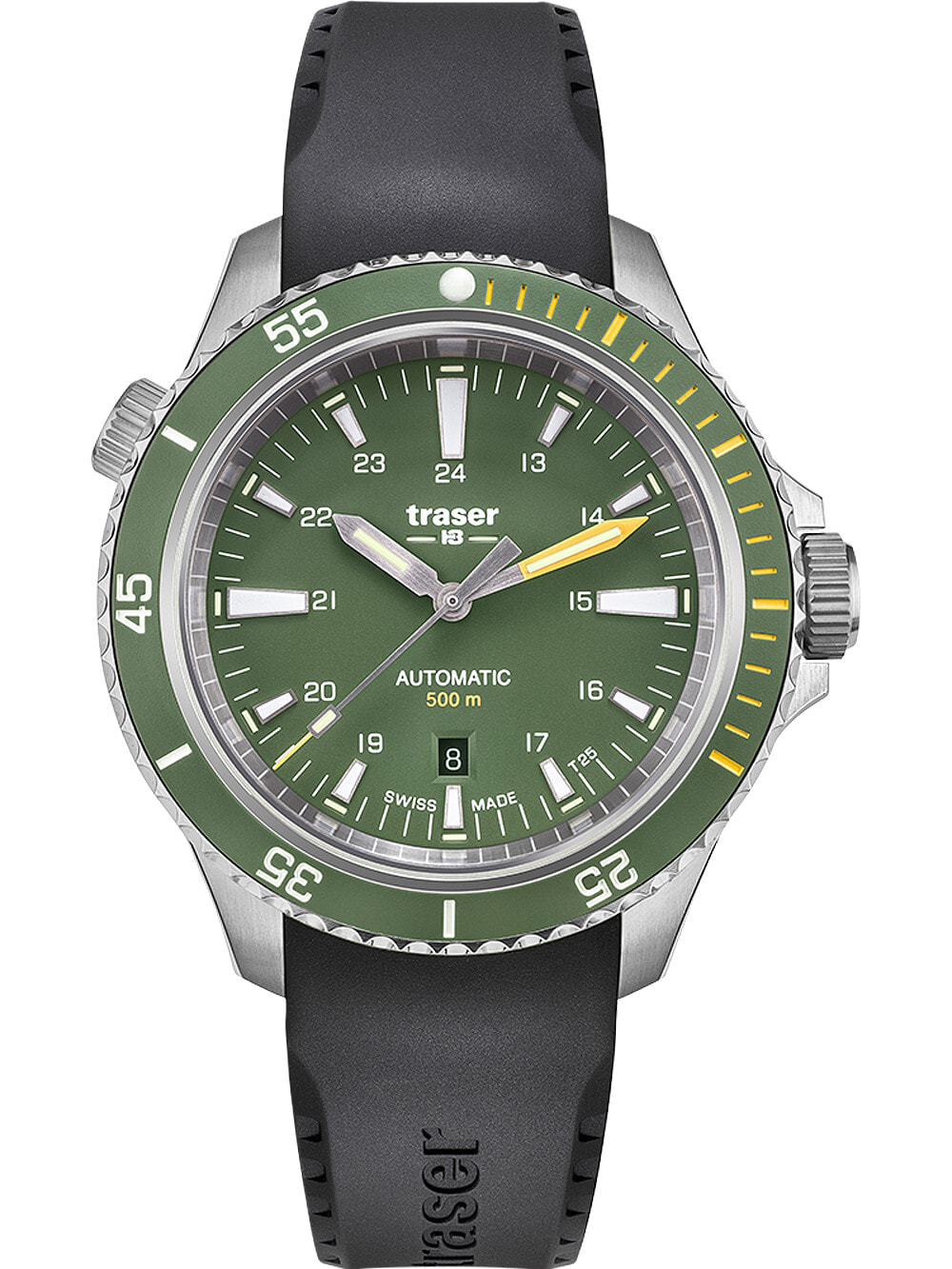 Мужские наручные часы с черным силиконовым ремешком Traser H3 110326 P67 Diver Automatik Green 46mm 50ATM