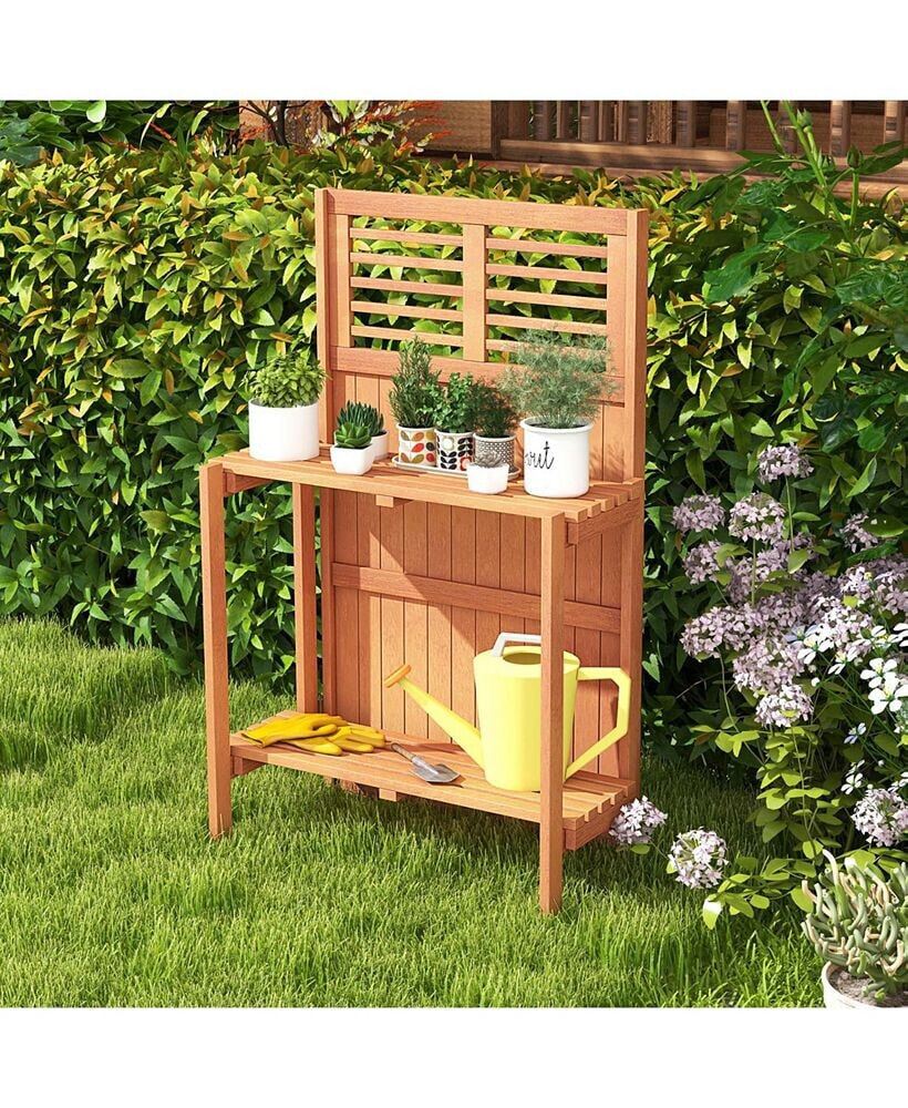 Costway wood Potting Bench Waterproof Garden Table with 2-Tier Open Storage Shelf