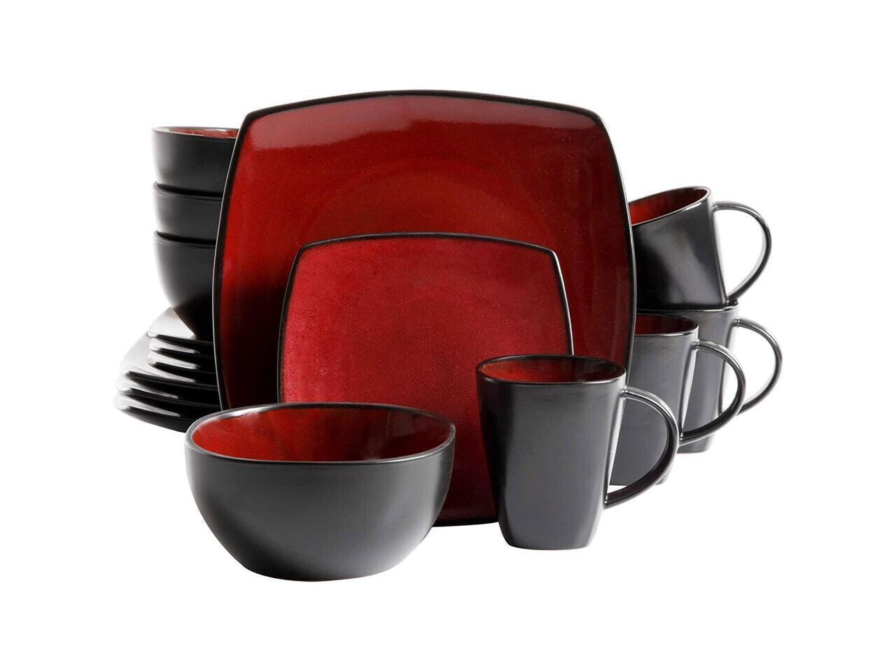 Gibson Soho Lounge 16 Piece Reactive Glaze Dinnerware Plates, Bowls, & Mugs, Red