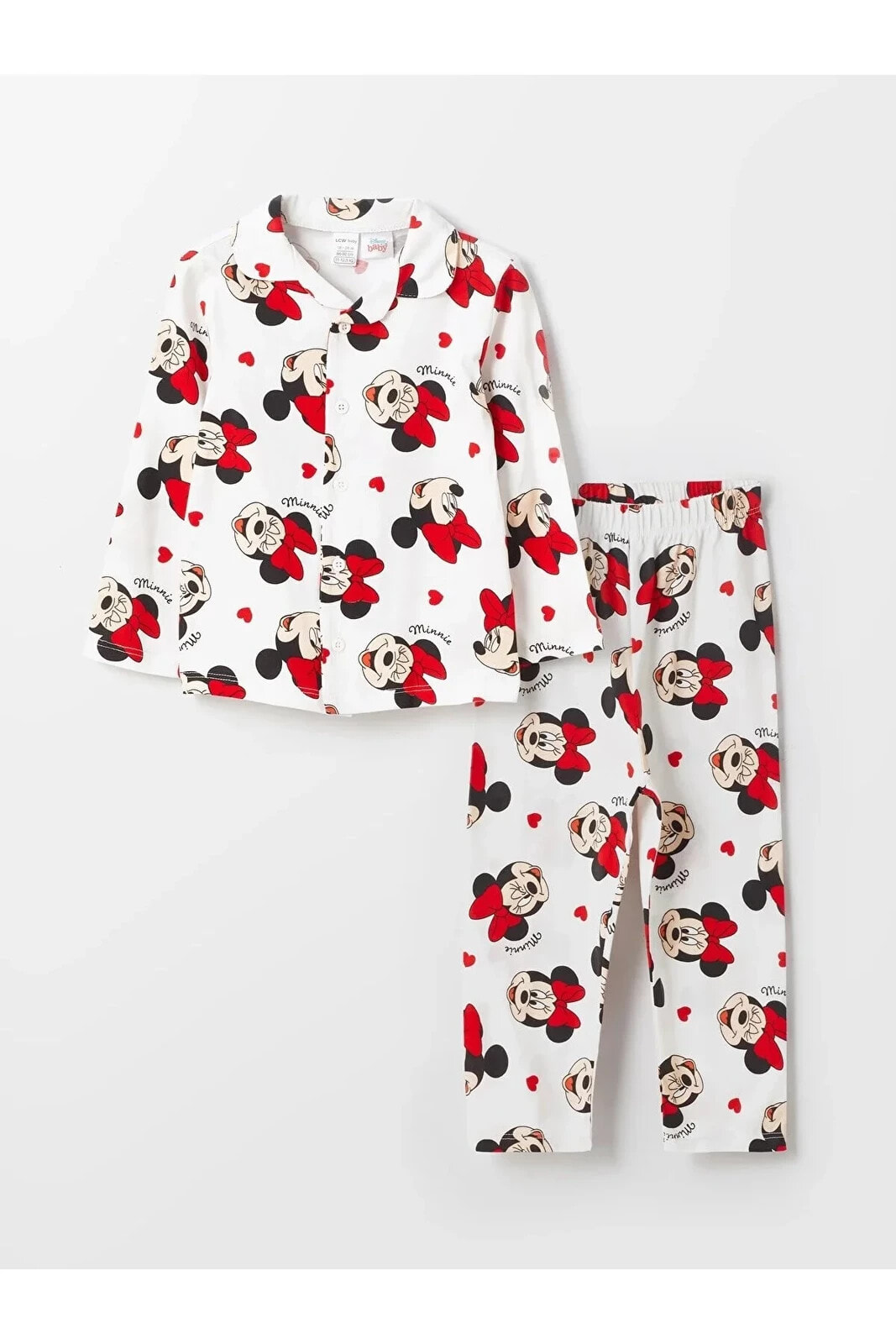 Polo Yaka Uzun Kollu Minnie Mouse Baskılı Kız Bebek Pijama Takım