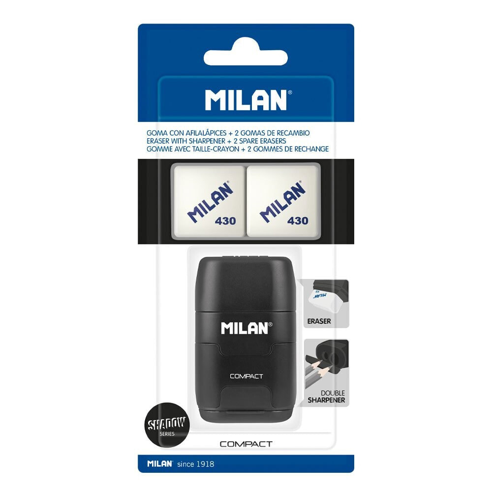 MILAN Blister Pack Eraser With Pencil Sharpener Compact Shadow+2 Spare Erasers