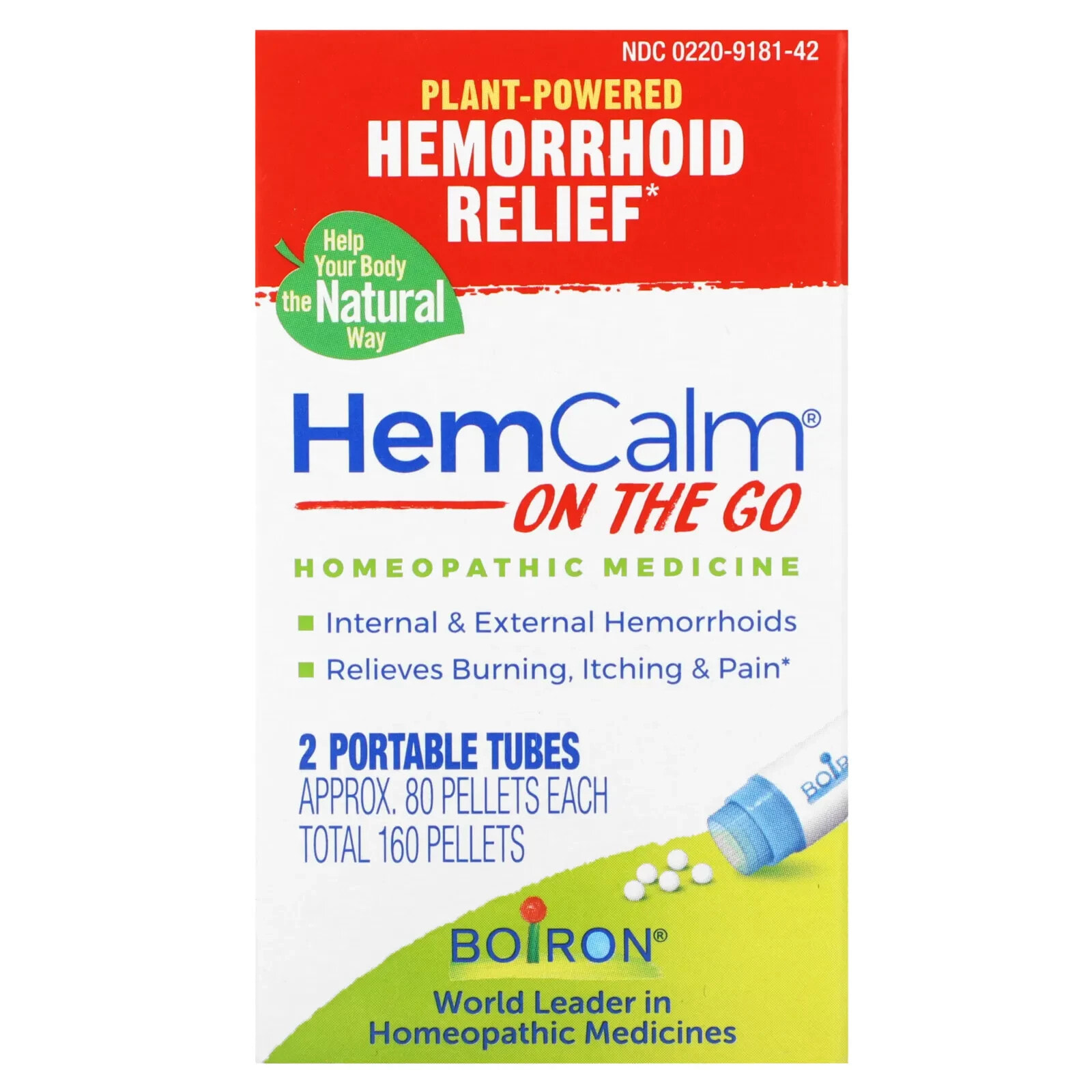 Boiron, HemCalm On The Go, Hemorrhoid Relief, 2 Portable Tubes, Approx. 80 Pellets Each