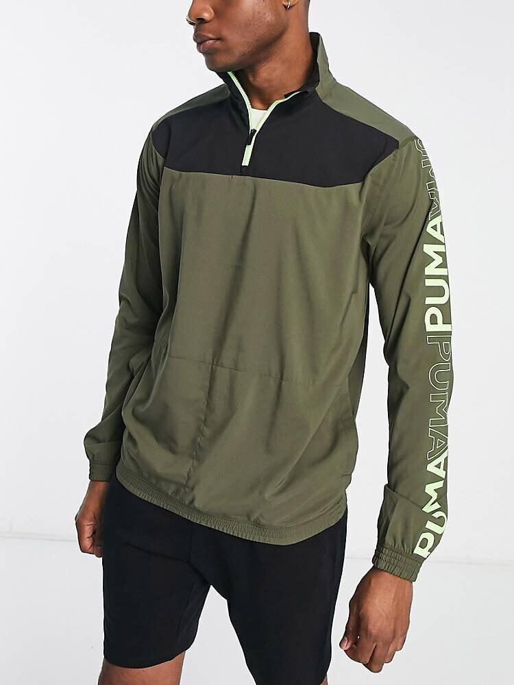 PUMA – Training – Sweatshirt aus Webstoff in Khaki und Schwarz mit kurzem 1/2-Reißverschluss