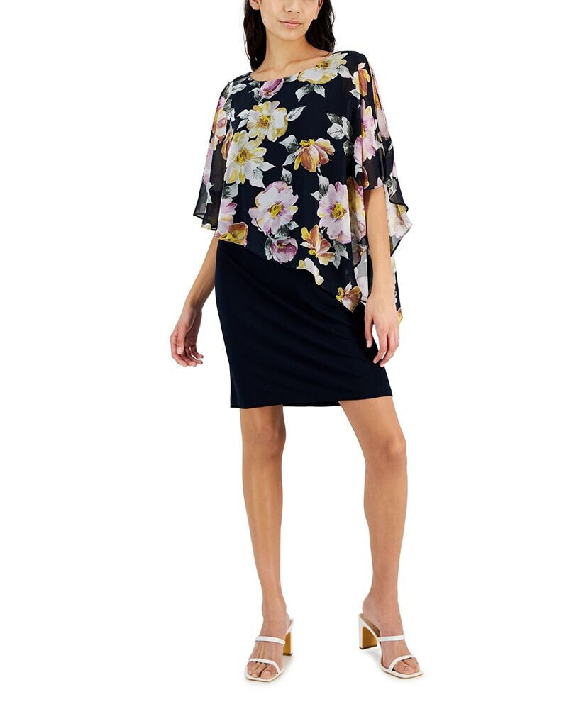 Connected plus Size Floral-Print Cape-Sleeve Dress