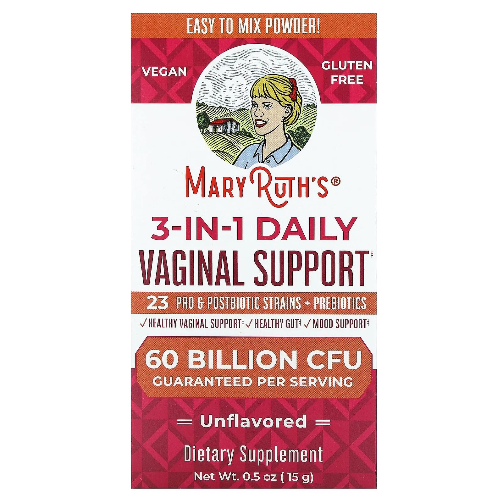 3-in-1 Daily Vaginal Support, Unflavored, 60 Billion CFU, 0.5 oz (15 g)