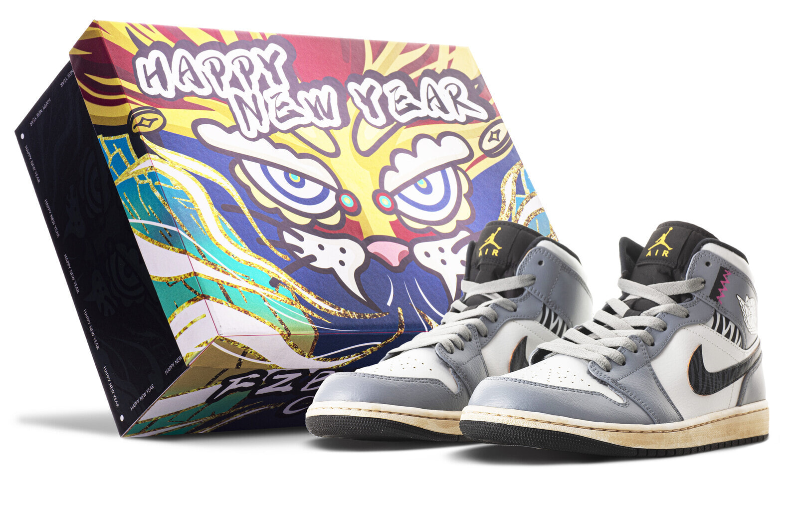 【定制球鞋】Air Jordan 1 Mid 虎年限定 CNY 国风礼盒 虎纹 轻奢满印 Vibe解构缝线 Vibe做旧 中帮 复古篮球鞋 男款 黑白灰 / Кроссовки Air Jordan 1 554724-170