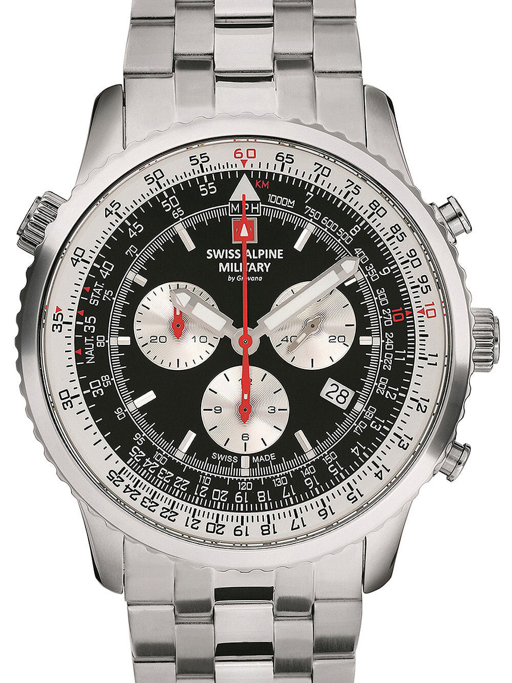 Мужские наручные часы с серебряным браслетом Swiss Alpine Military 7078.9137 chrono mens 45mm 10ATM