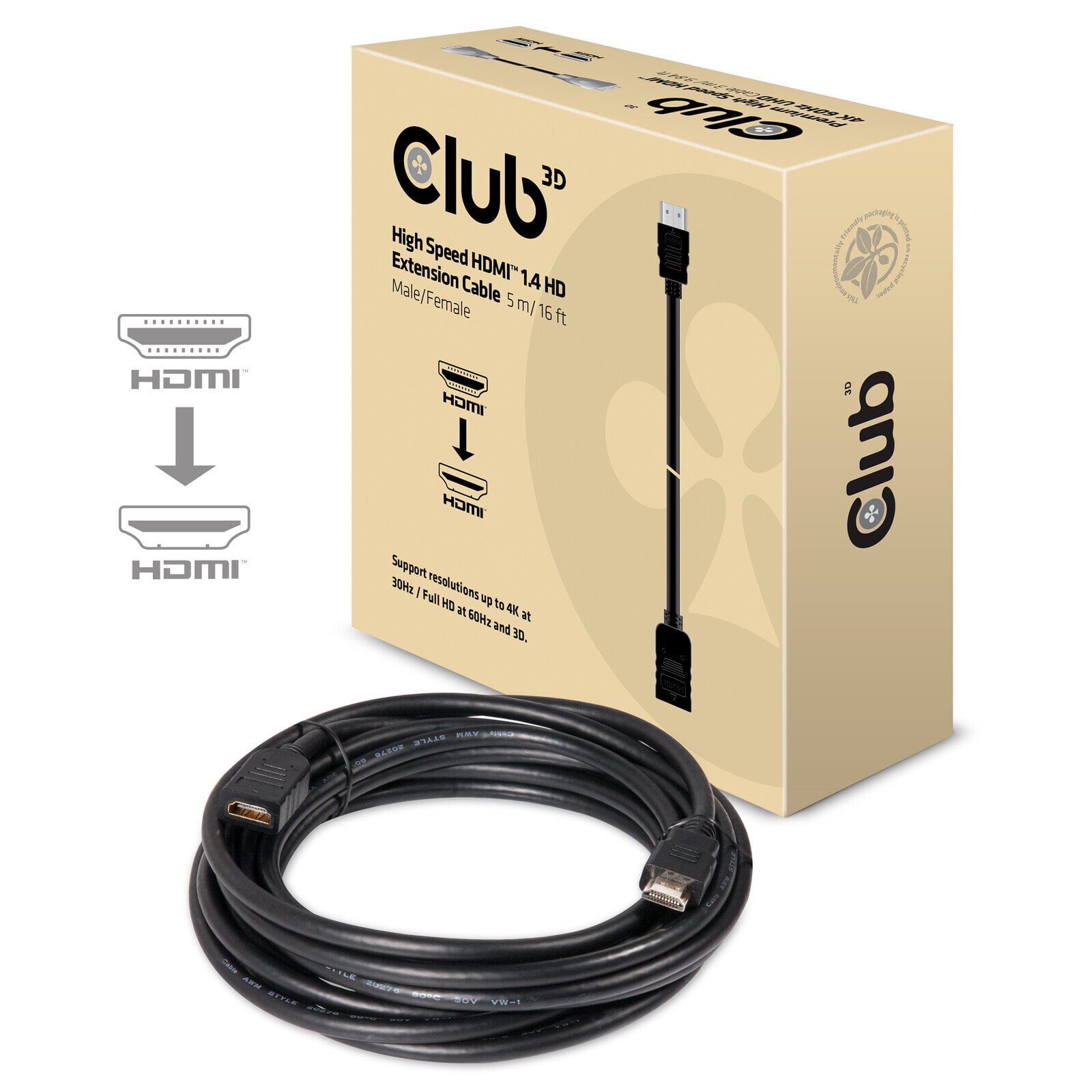 CLUB3D High Speed HDMI™ 1.4 HD Extension Cable 5m/16ft Male/Female CAC-1320
