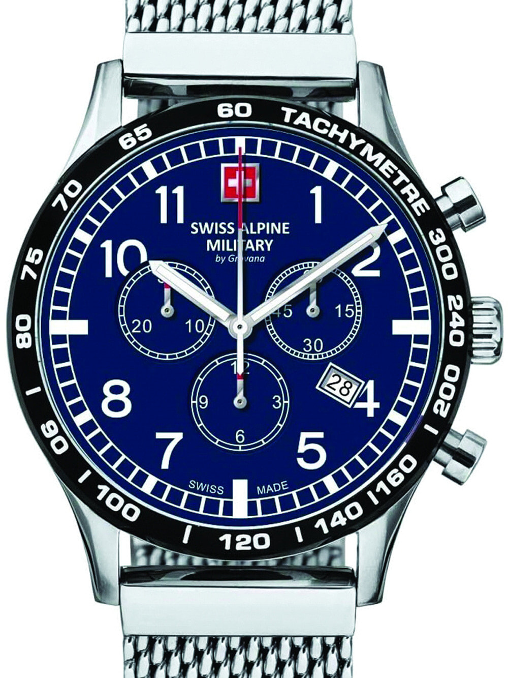 Мужские наручные часы с серебряным браслетом Swiss Alpine Military 1746.9135 chrono 43mm 10ATM