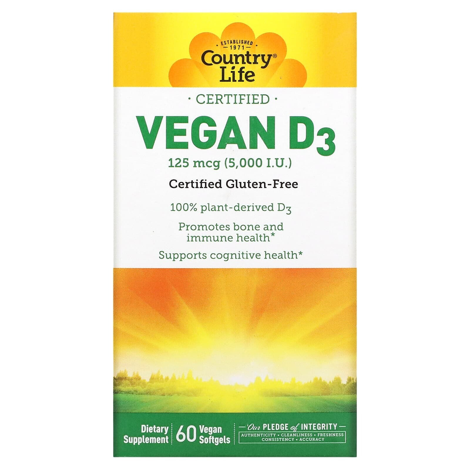 Country Life, Сертифицированный веганский витамин D3, 125 мкг (5000 МЕ), 30 веганских мягких таблеток