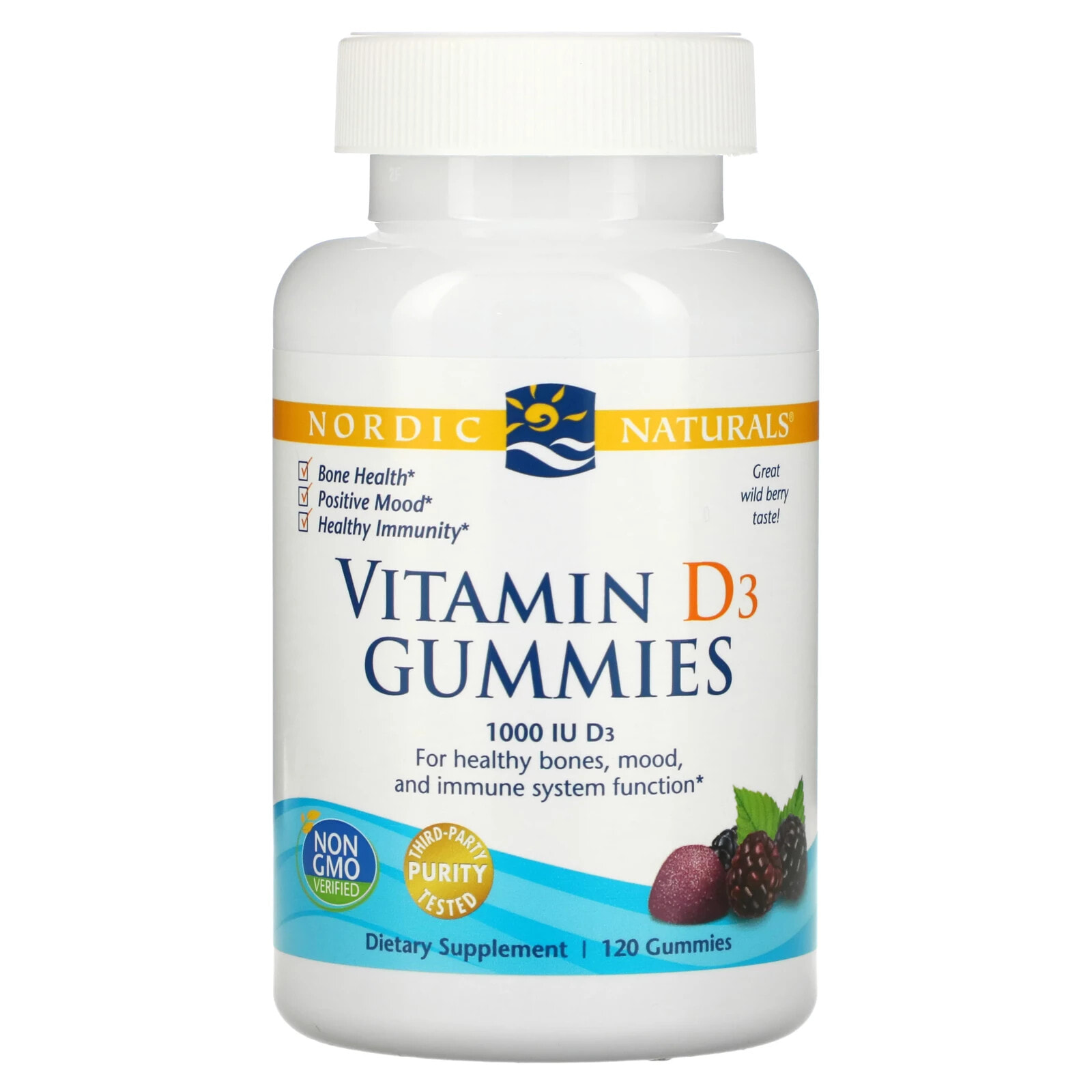 Nordic Naturals Vitamin D3 Gummies Wild Berry Витамин D3 со вкусом ягод 1000 МЕ 120 жевательных таблеток