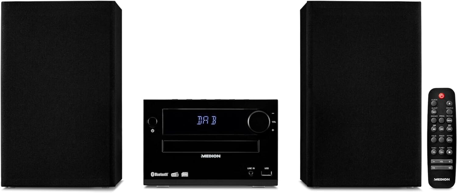 MEDION E64482 Micro Audio System Compact System (DAB+, CD Player, PLL FM Radio, Bluetooth, MP3 Player, AUX, Headphone Jack, USB, Sleep Timer, Dimmable Display) Black