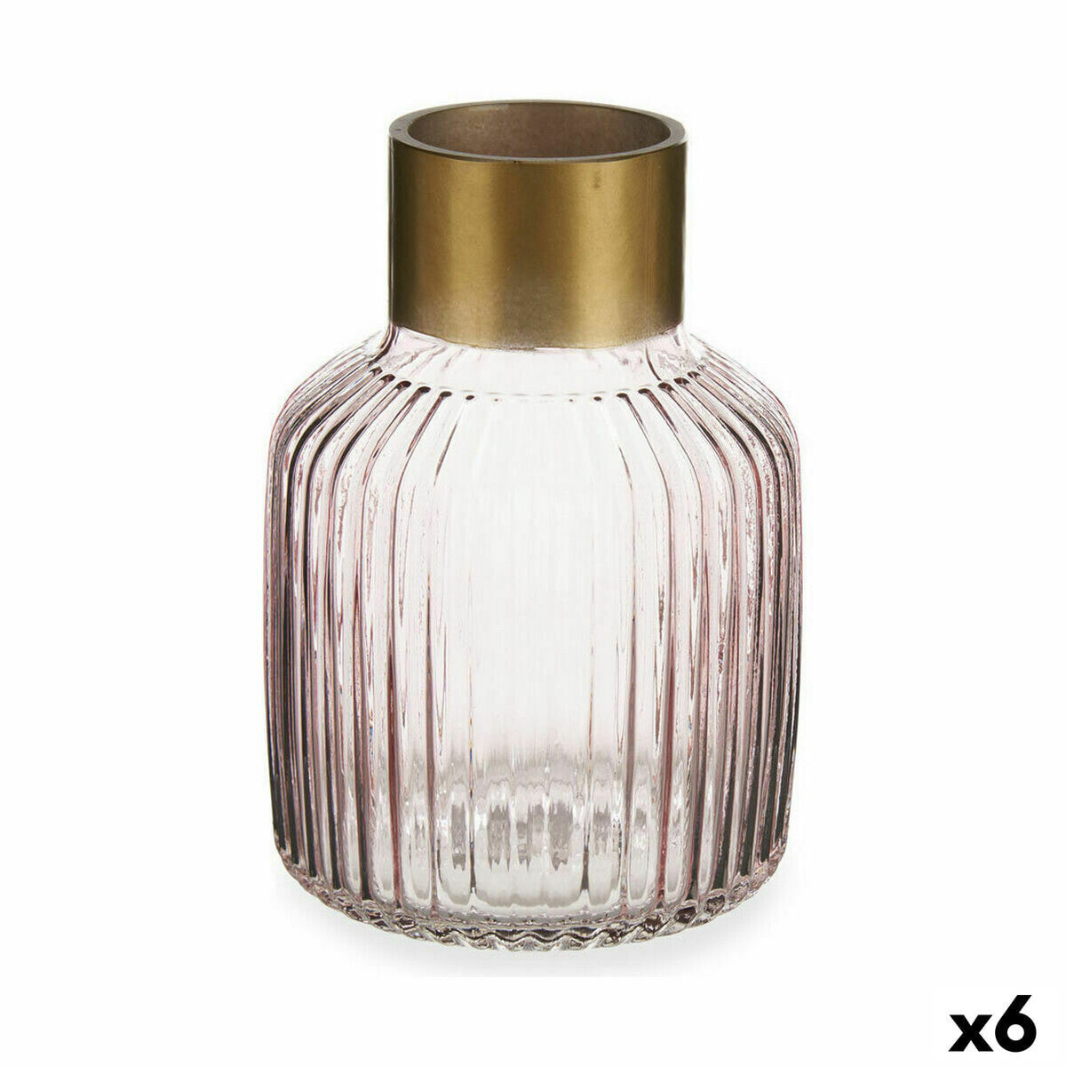Vase Stripes Pink Golden Glass 14,5 x 22 x 14,5 cm (6 Units)