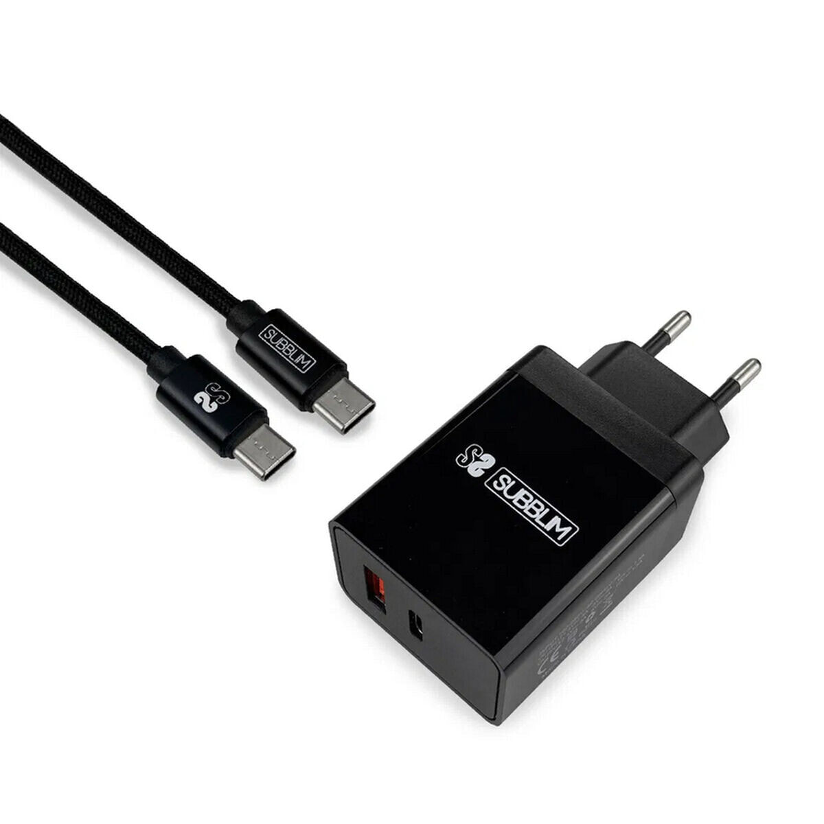 Сетевое зарядное устройство + Кабель USB A — USB C Subblim CARGADOR ULTRA RAPIDO 2xUSB DE PARED PD18W+2.4A + Cable C to C Negro