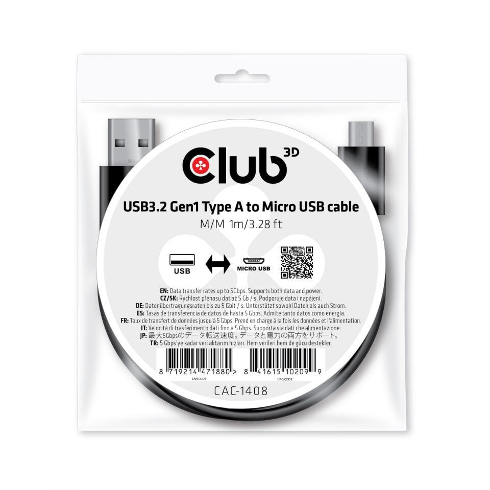 CLUB3D CAC-1408 USB кабель 1 m USB 3.2 Gen 1 (3.1 Gen 1) USB A Micro-USB B Черный