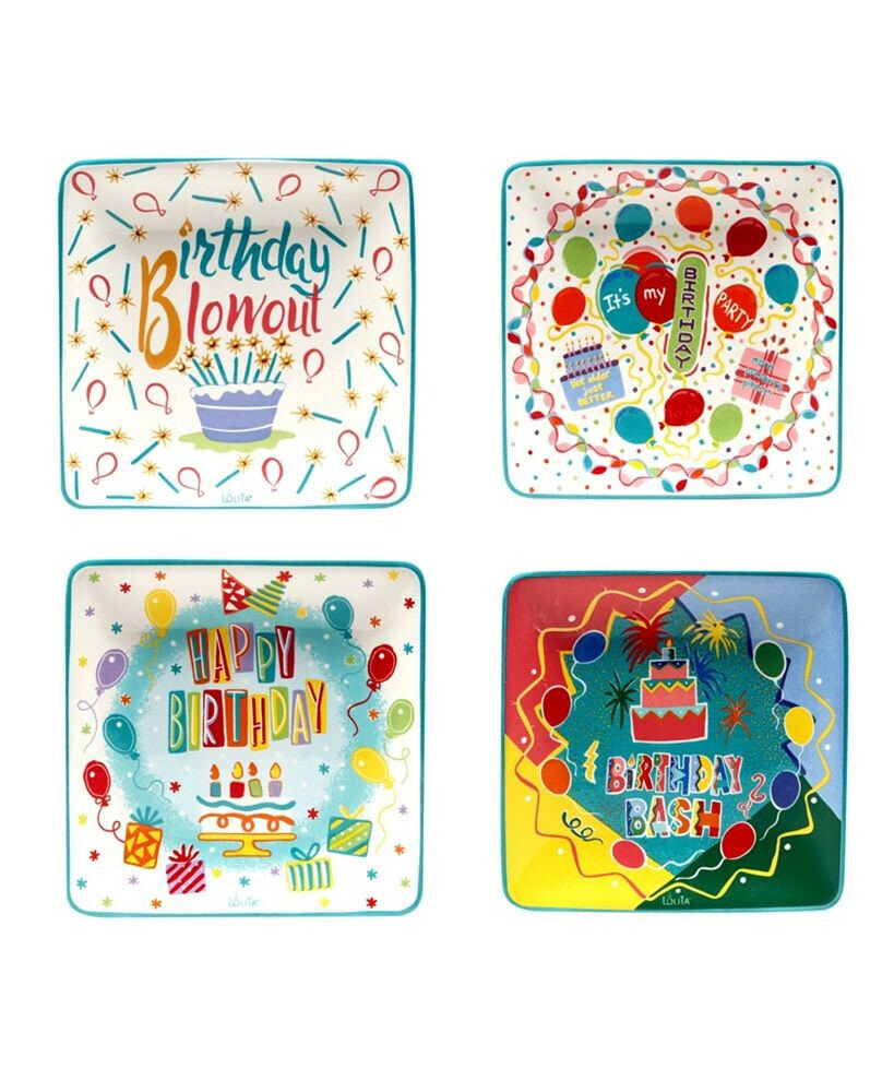 Certified International lolita Birthday Bash 4 Piece Canape Plate Square, Service for 4