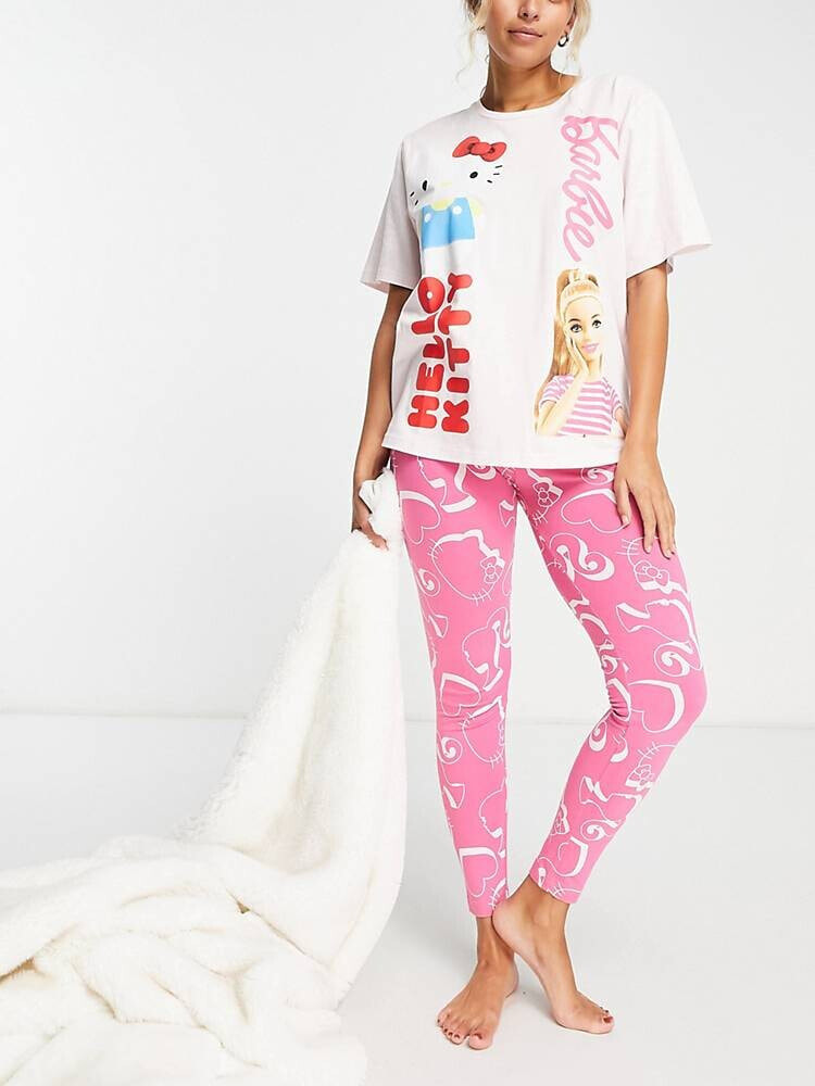 ASOS DESIGN – Barbie x Hello Kitty – Pyjama in Rosa mit Oversize-T-Shirt und Leggings