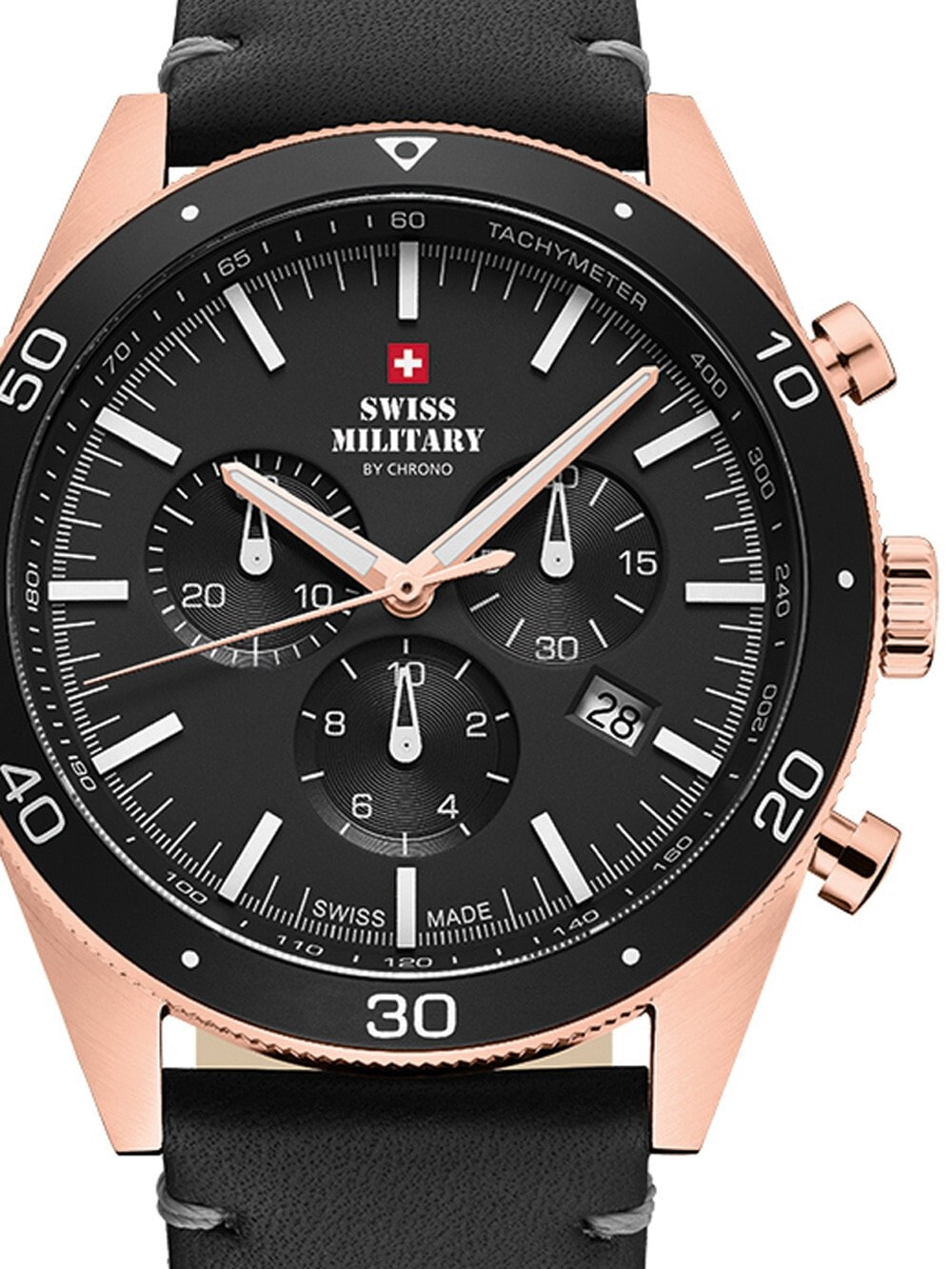 Мужские наручные часы с черным кожаным ремешком  Swiss Military SM34079.07 Chronograph 43mm 10ATM