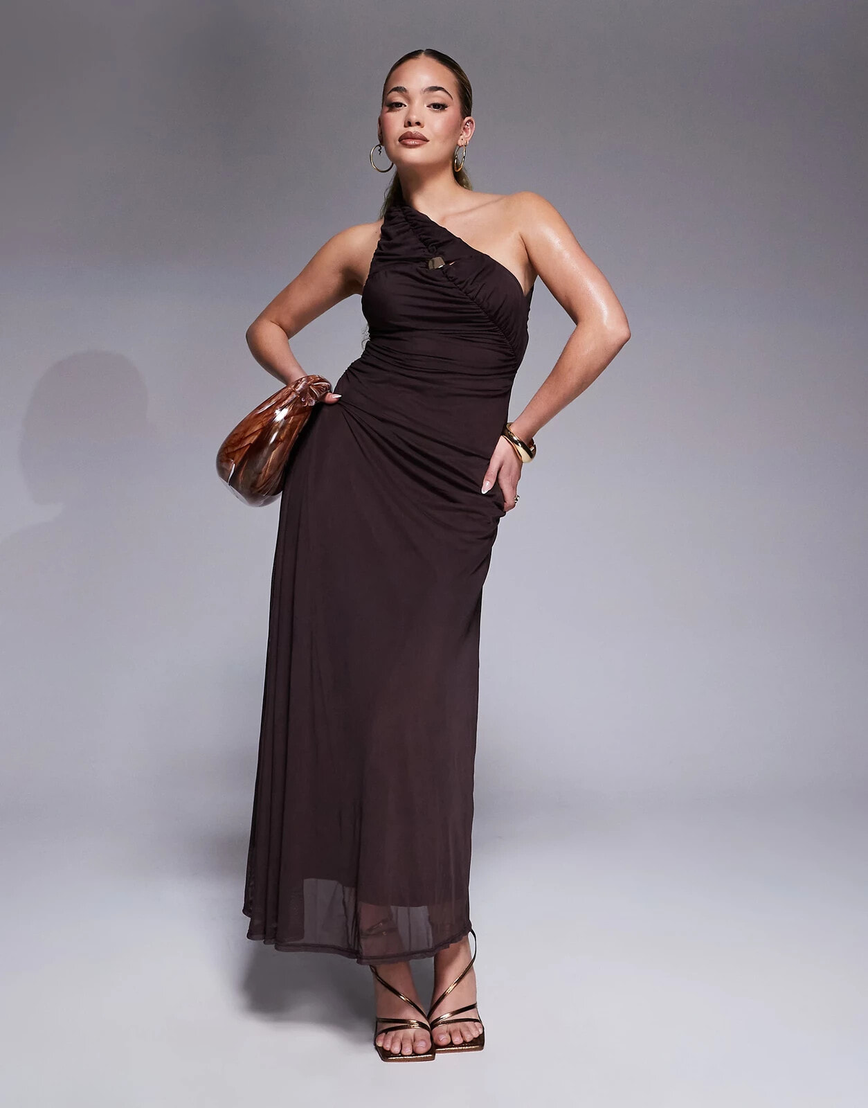 ASOS DESIGN one shoulder mesh midi dress with slash front trim detail and cowl draped skirt in chocolate