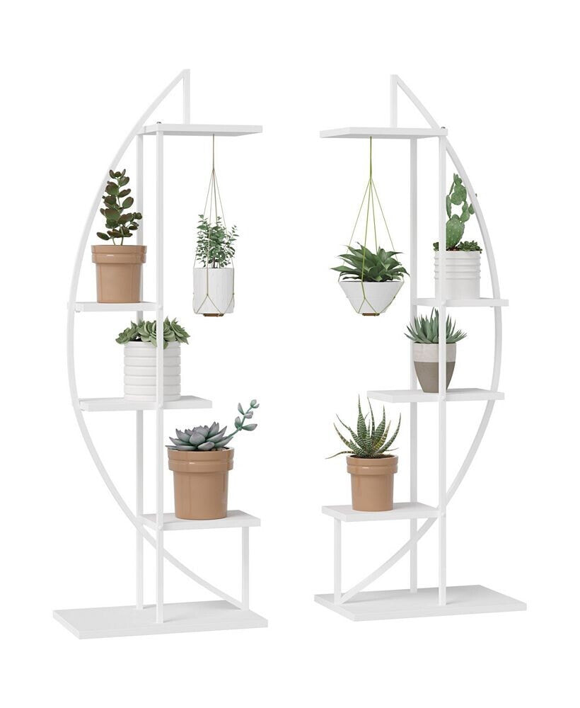 Outsunny 5 Tier Metal Plant Stand Half Moon Shape Ladder Flower Pot Holder Shelf for Indoor Outdoor Patio Lawn Garden Balcony Decor, 2 Pack, White