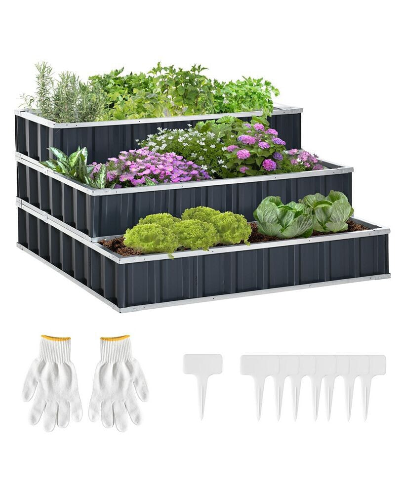 Outsunny 3 Tier Raised Garden Bed, Metal Planer Box w/ Gloves, Easy Assembly