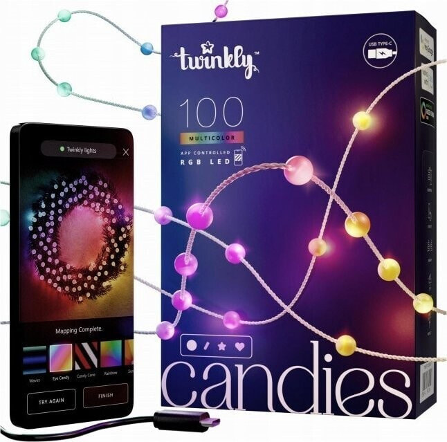 Lampki choinkowe Twinkly Twinkly Candies – 100 Lampki w kształcie pereł RGB LEDs, zielony przewód, USB-C