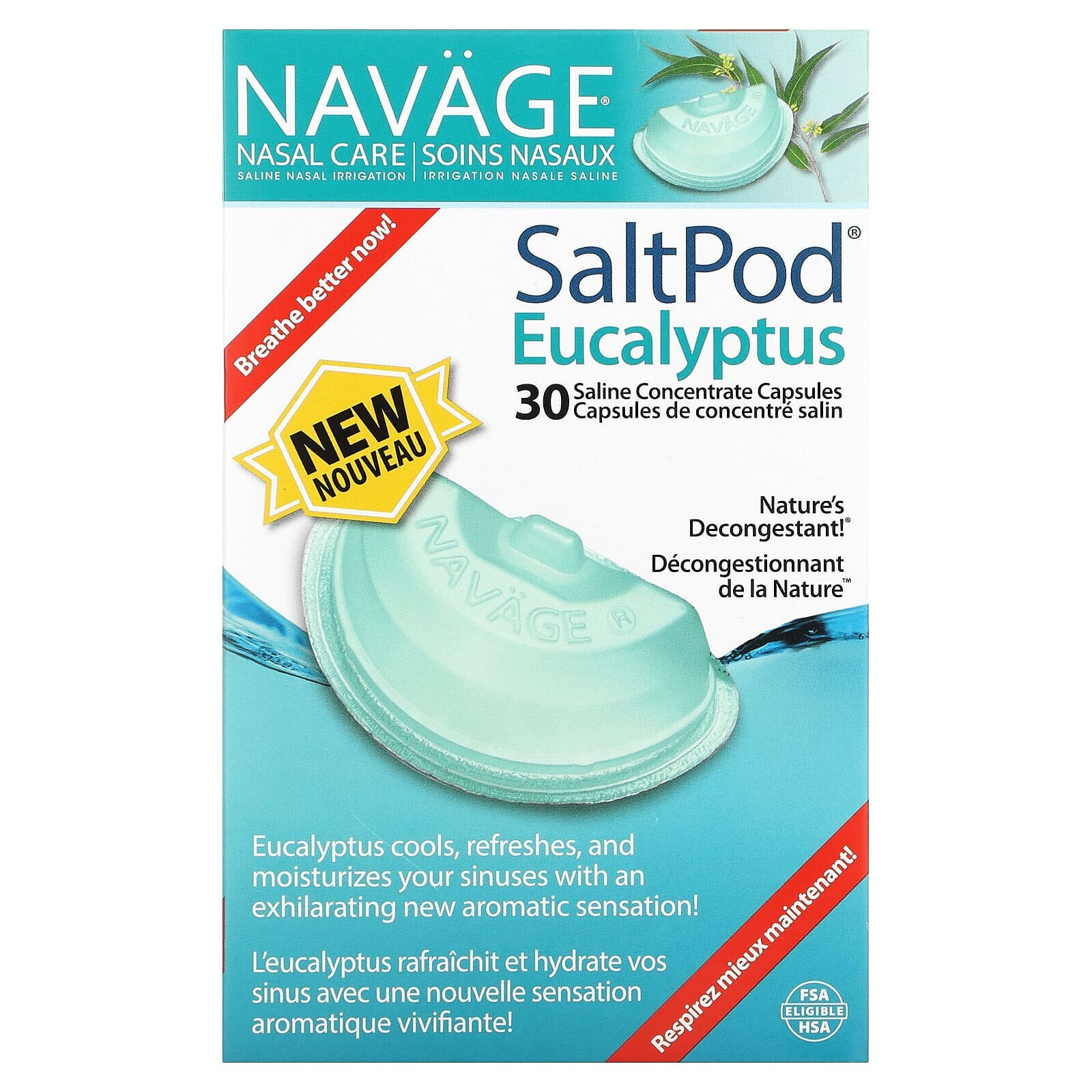 Navage, Nasal Care, солевой раствор для промывания носа, SaltPod и эвкалипт, 30 капсул с солевым концентратом