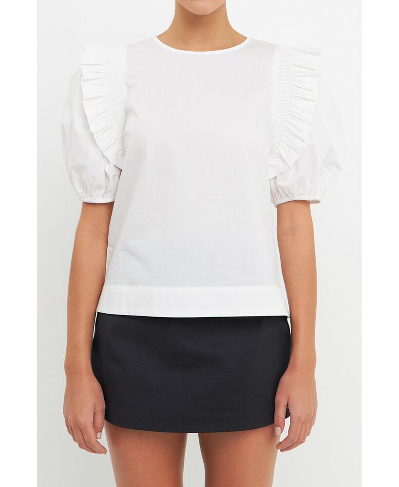 English Factory women's Ruffled Top with Smocking Detail