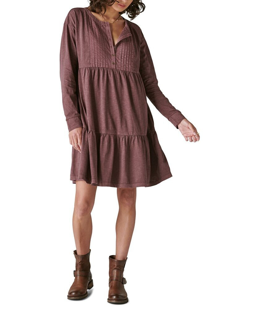 Lucky Brand women's Pintuck Tiered Knit Henley Dress