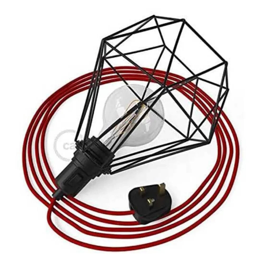 CREATIVE CABLES Table Snake E27 3 m english black with Diamond lampshade black with ring nut and black cylindrical cable clamp. plug