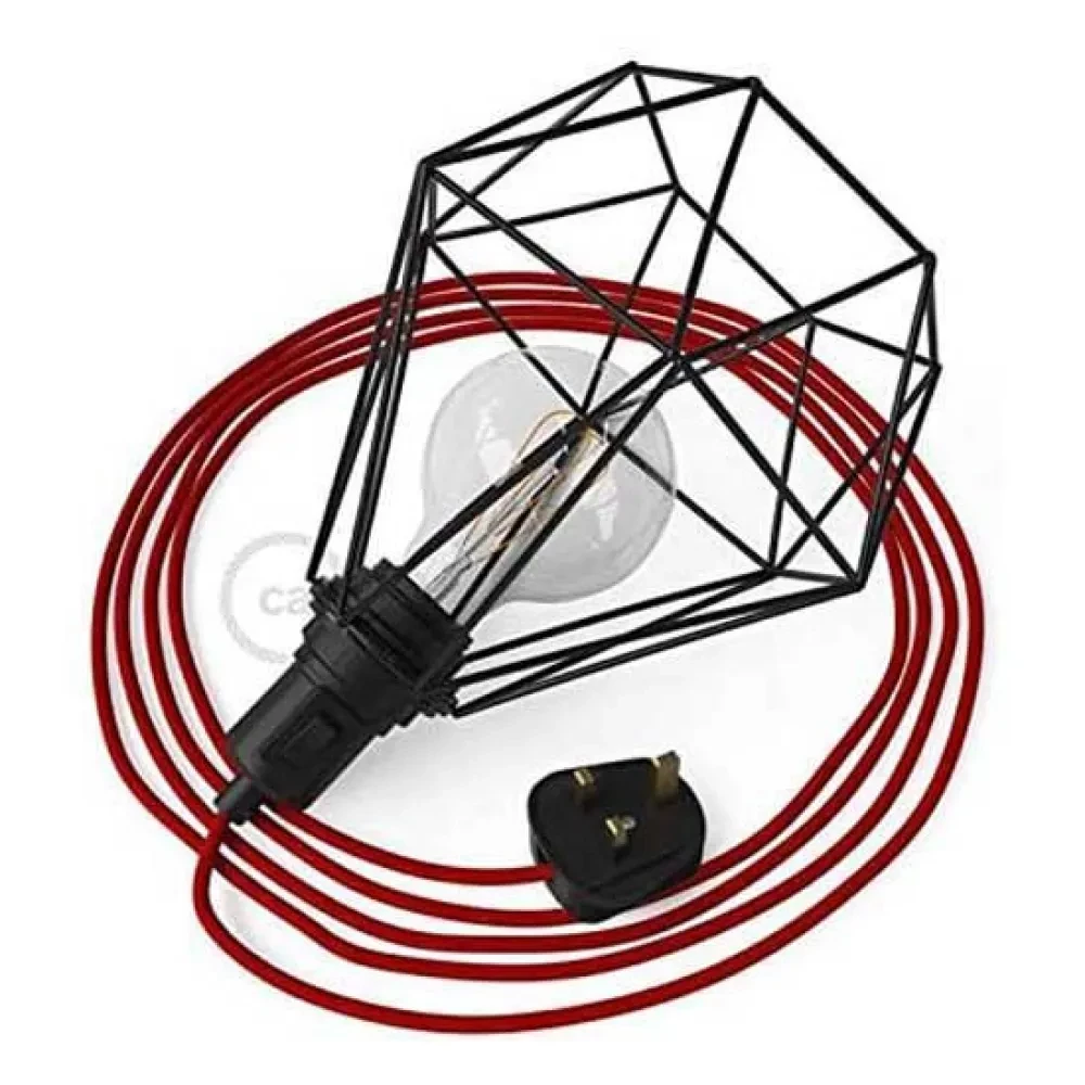 CREATIVE CABLES Table Snake E27 black with Diamond lampshade black with ring nut and black cylindrical cable clampplug english 3 m