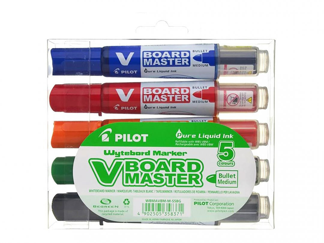 Pilot V-Board Master маркер 5 шт Черный, Синий, Зеленый, Оранжевый, Красный Пулевидный наконечник 190.001.99