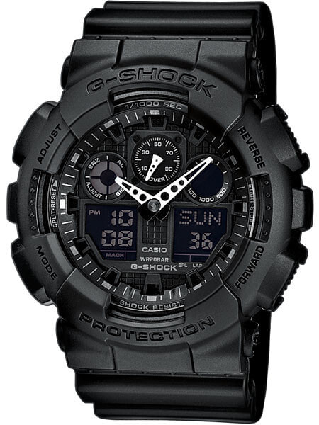Мужские наручные часы с черным силиконовым ремешком CASIO GA-100-1A1ER G-SHOCK 51mm 20 ATM