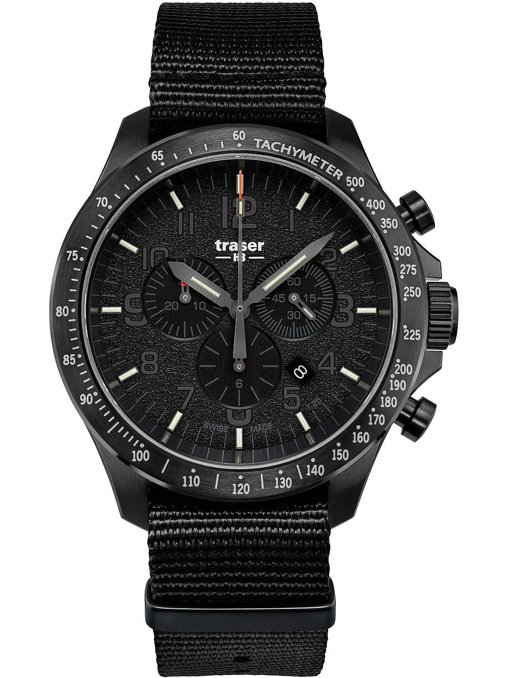 Мужские наручные часы с черным текстильным ремешком Traser H3 109465 P67 Officer chrono black nato 46mm 10ATM