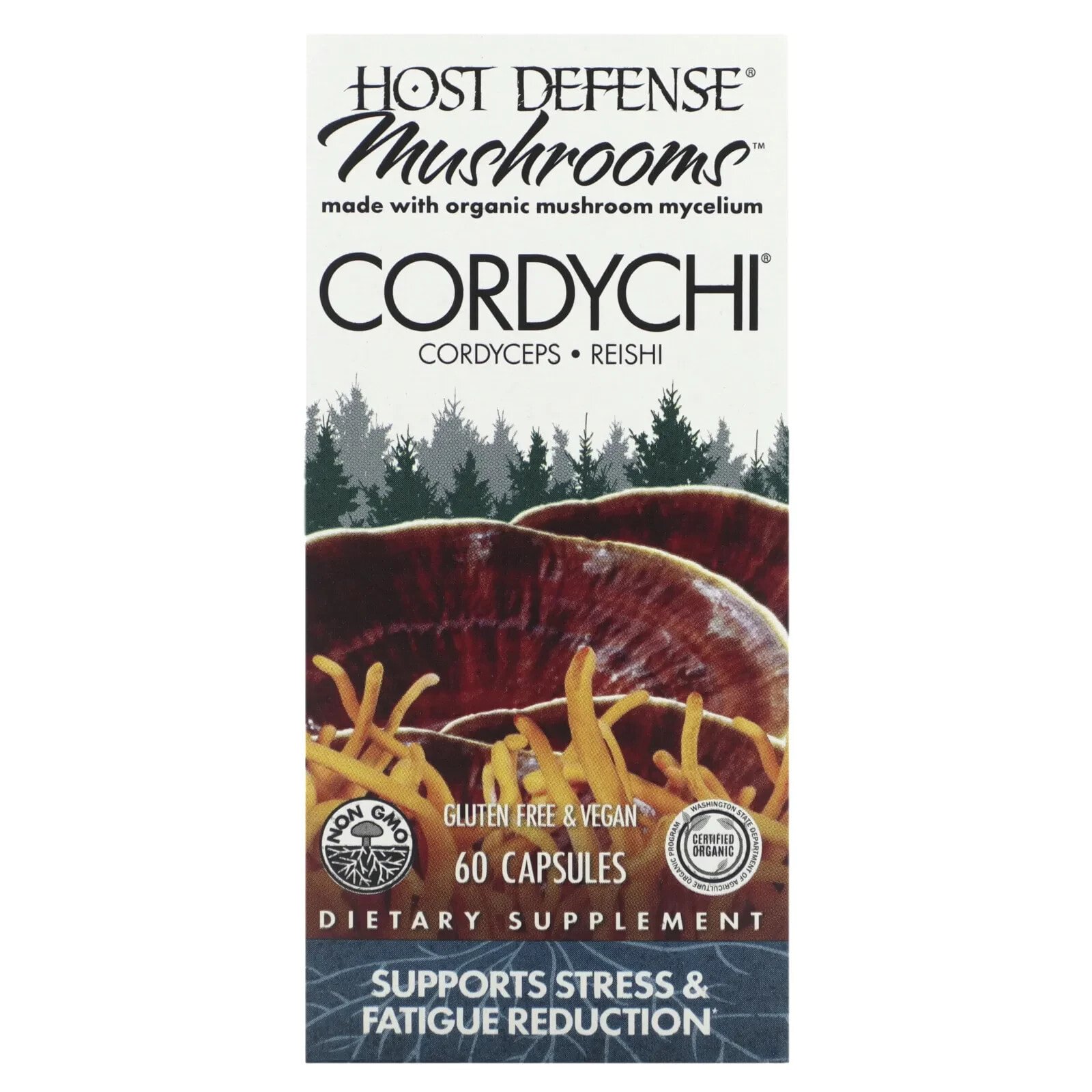 Fungi Perfecti Host Defense, Host Defense Mushrooms, Кордичи, способствуют снижению стресса и усталости, 60 вегетарианских капсул