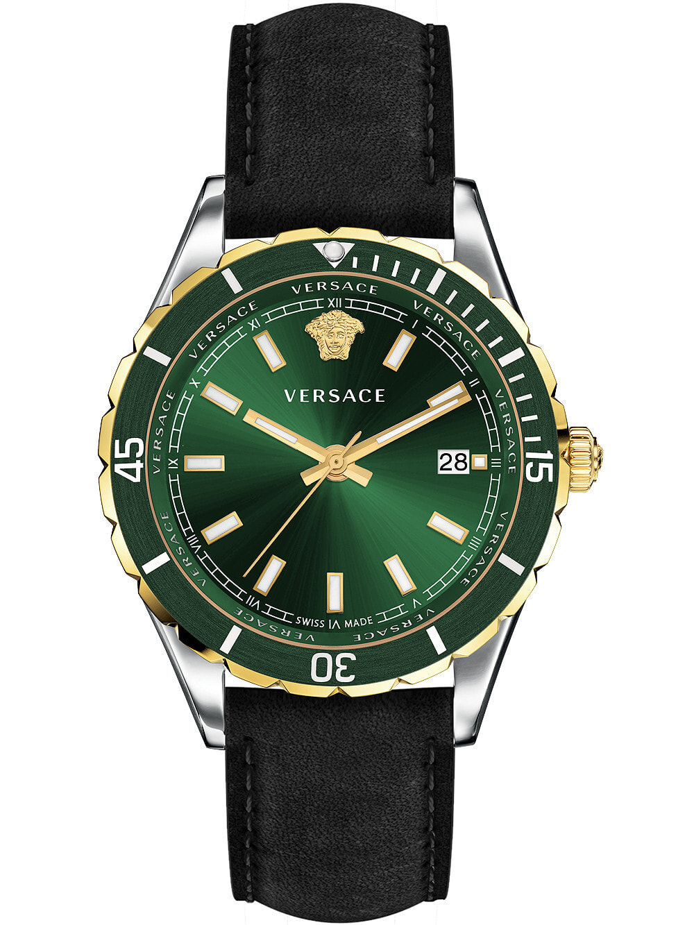 Мужские наручные часы с черным кожаным ремешком Versace VE3A00320 Hellenyium mens 42mm 5ATM