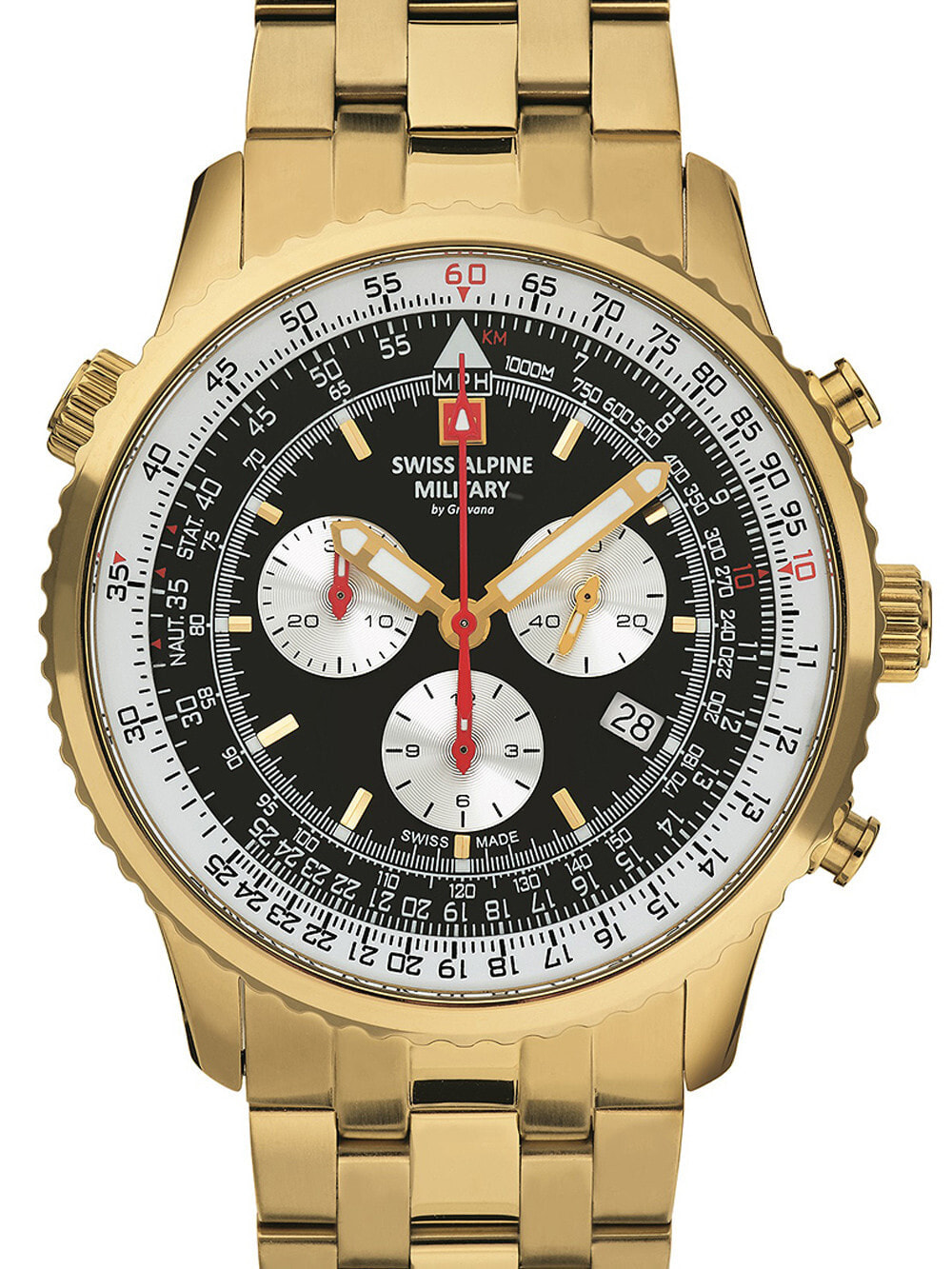 Мужские наручные часы с золотистым браслетом Swiss Alpine Military 7078.9117 chrono mens 45mm 10ATM