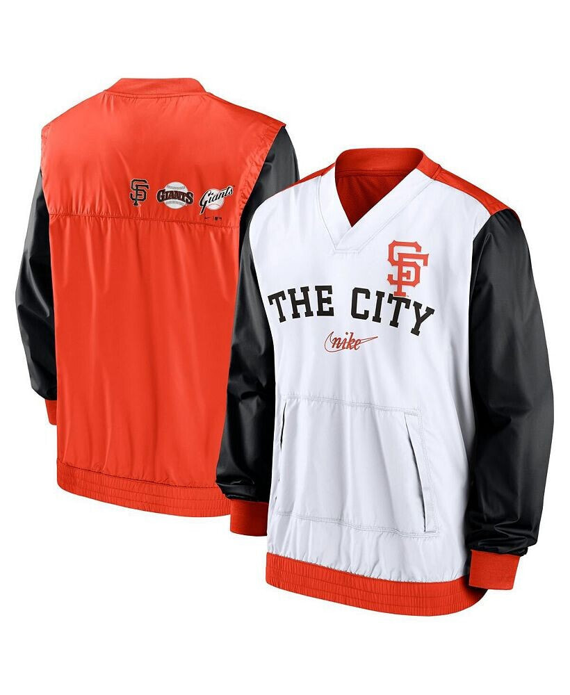 Nike men's White, Orange San Francisco Giants Rewind Warmup V-Neck Pullover Jacket