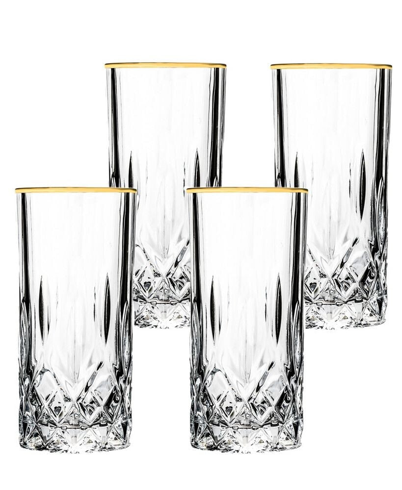 Lorren Home Trends opera Gold Collection 4 Piece Crystal High Ball Glass with Gold Rim Set
